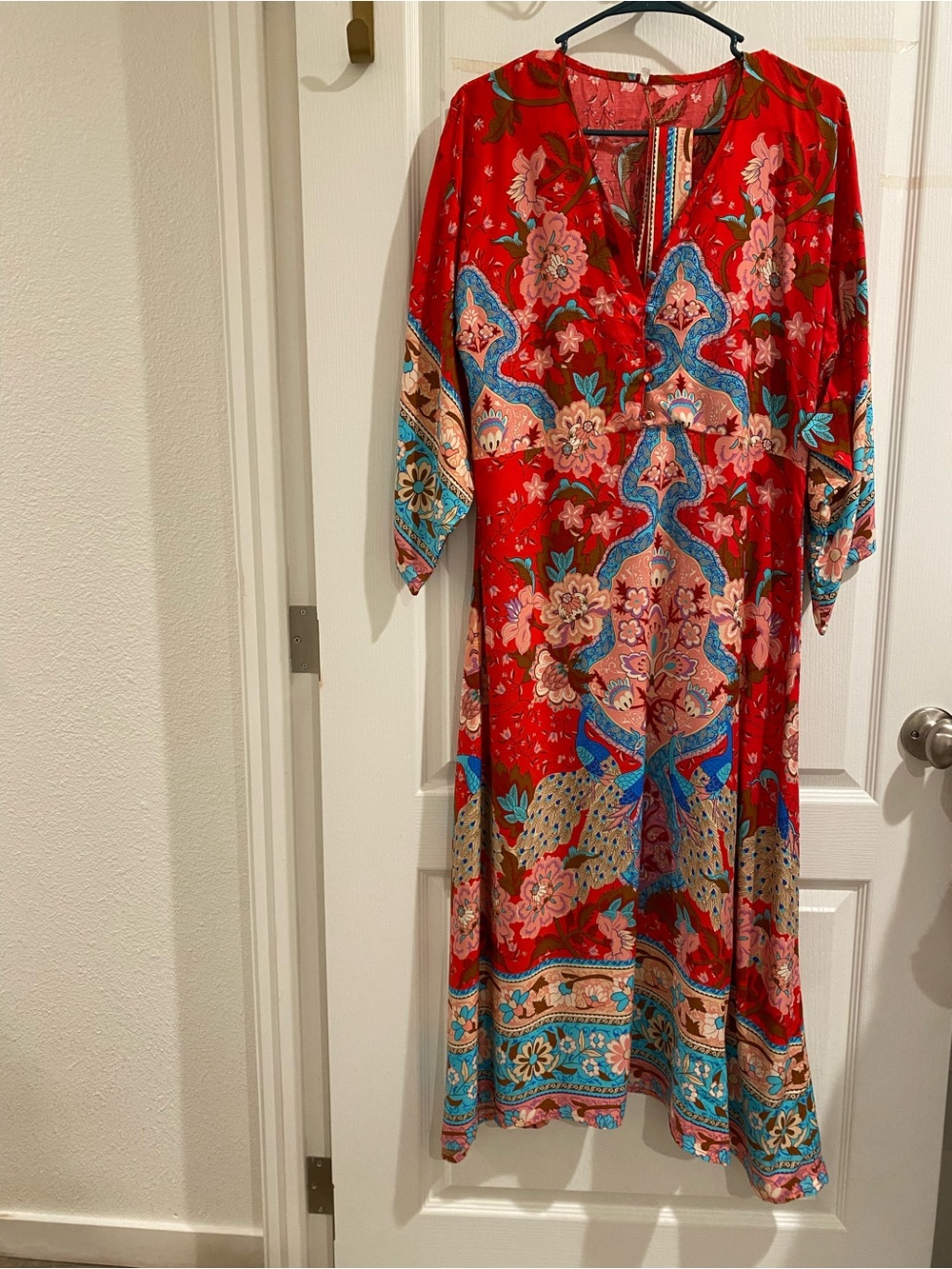 Red Floral Maxi Boho Kimono Dress with Blue Accents - Women's Boho Style